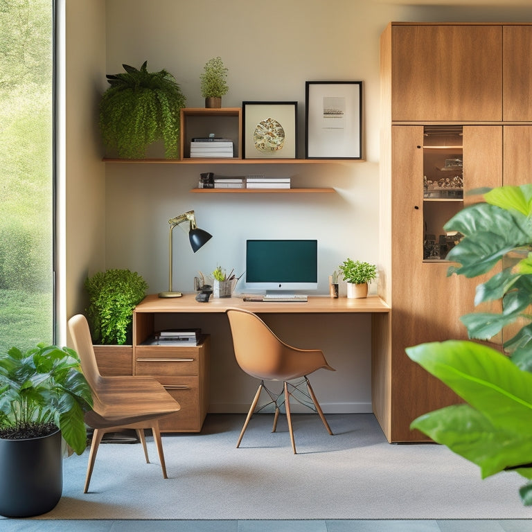 A tidy, minimalist home office with a sleek, wall-mounted desk featuring hidden compartments, sliding drawers, and a compact ergonomic chair, surrounded by lush greenery and soft, warm lighting.