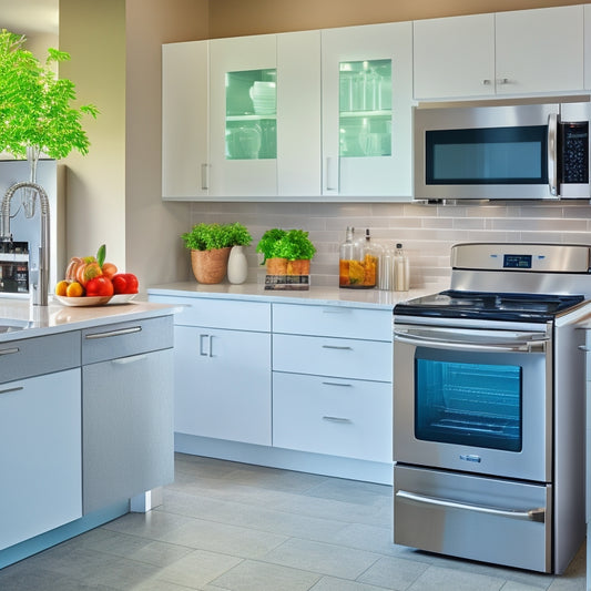 A bright, modern kitchen with sleek white cabinets, stainless steel appliances, and quartz countertops, featuring a 3D design interface on a large touchscreen display in the center.