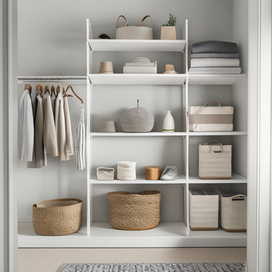 A serene, minimalist closet interior with pale gray walls, a single rod, and a few essential organizers: a compact shelving unit, a hanging shoe organizer, and a woven basket on a shelf.