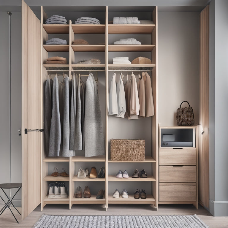 A minimalist, modern closet with adjustable shelves, wooden dowel rods, and repurposed crates, showcasing creative storage solutions and a mix of open and closed shelving units.