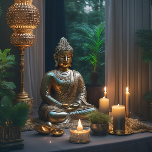 A serene, candle-lit room with a plush, velvet prayer mat, surrounded by lush greenery, a golden Buddha statue, and a delicate, crystal chandelier, radiating peaceful energy.