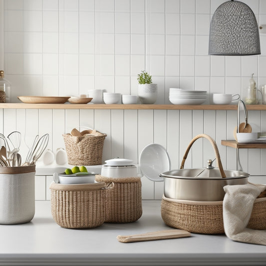 A serene kitchen countertop with a few, carefully chosen utensils and appliances, surrounded by empty space, with a set of matching white ceramic canisters and a woven basket in the corner.