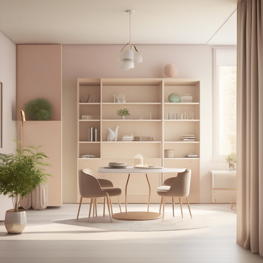 A minimalist illustration of a compact, modern living room with a Murphy bed, a retractable dining table, and a floor-to-ceiling bookshelf, featuring pastel colors and plenty of natural light.