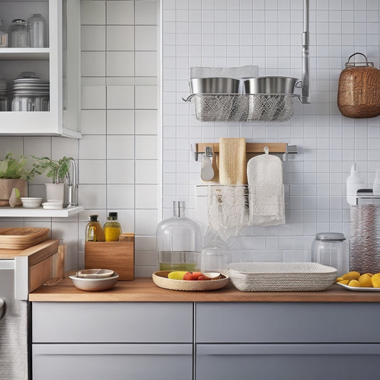 A tidy kitchen with a stainless steel sink, featuring three different over-the-sink shelf organizers: a wooden one with woven baskets, a metal grid with hanging utensils, and a sleek glass shelf with decorative jars.