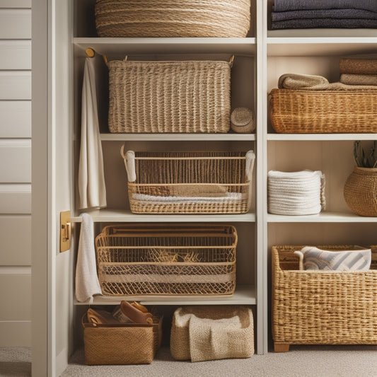 A serene, well-organized closet interior with three wooden shelves, each holding three rectangular woven baskets in varying sizes, with soft, warm lighting and a blurred background.