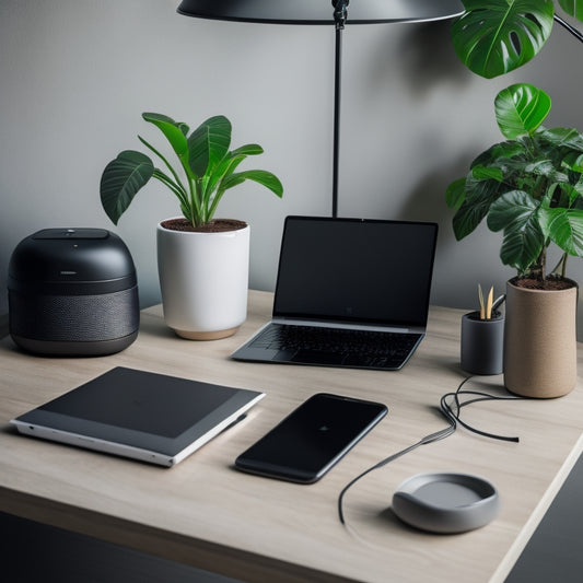 A minimalist desk with a sleek laptop, a small potted plant, a wireless charging pad, a pair of noise-cancelling headphones, and a single, neatly organized cable.