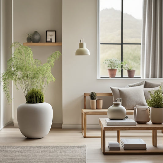 A serene, minimalist living room with a tidy bookshelf, a few decorative vases, and a single, potted plant on a sleek, wooden coffee table, surrounded by a calm, neutral-colored background.