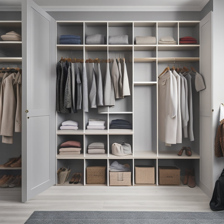 A serene, minimalist closet interior with a mix of open shelves and closed cabinets, featuring a few, carefully curated garments on wooden hangers, and a few pairs of shoes aligned on a rack.