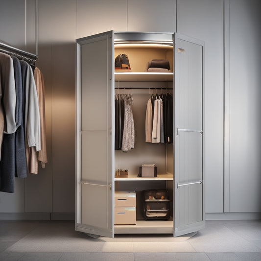 A wheelchair-accessible closet with a lowered rod, slide-out shelves, and a rotating carousel, set against a light gray background with a subtle gradient, illuminated by soft, warm lighting.