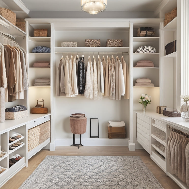 A serene, well-lit walk-in closet with cream-colored walls, dark wood shelves, and a neutral-toned carpet, featuring a custom-built organizer system with tidy rows of shoes, clothes, and accessories.