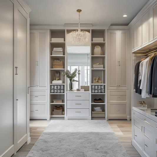 A sleek, modern closet with floor-to-ceiling shelves, a mirrored island, and a chandelier, featuring a mix of open storage and drawers in a warm, neutral color palette.