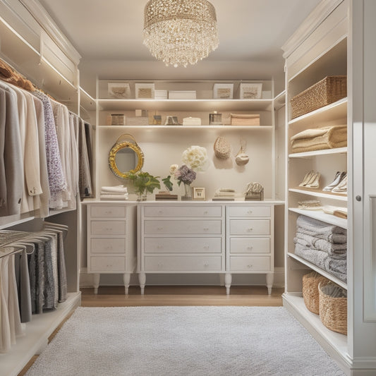 A serene, well-lit closet interior with custom shelving, double rods, and a central island featuring a built-in jewelry organizer, surrounded by neatly arranged clothes, shoes, and accessories.