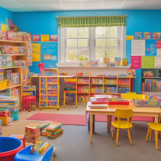 A colorful, clutter-free classroom with a teacher's desk in the center, surrounded by shelves overflowing with diverse books, educational toys, and various learning aids, with a subtle background of a chalkboard.