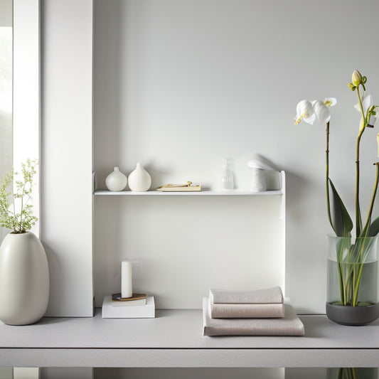 A serene, minimalist space with a few, carefully-placed items: a single, blooming orchid on a clutter-free shelf, a yoga mat rolled up in the corner, and a few, neatly-organized storage bins.