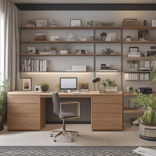A modern, well-lit home office with a sleek, wall-mounted shelving unit, a spacious desk with built-in cable management, and a matching file cabinet with labeled drawers.