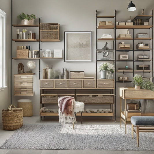 A serene, minimalist workspace with a bespoke shelving unit featuring tiered wooden crates, woven baskets, and sleek metal drawers, surrounded by scattered art supplies and half-finished projects.