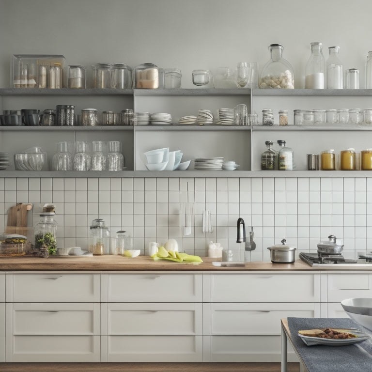 A modern, compact kitchen with sleek, wall-mounted shelves in a stainless steel finish, holding glass jars, cookbooks, and a few kitchen utensils, surrounded by white cabinets and a small island.