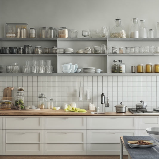 A modern, compact kitchen with sleek, wall-mounted shelves in a stainless steel finish, holding glass jars, cookbooks, and a few kitchen utensils, surrounded by white cabinets and a small island.