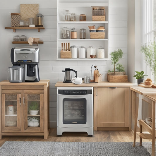 A tidy kitchen with a wooden DIY appliance cart station, featuring a stainless steel toaster, blender, and coffee maker on top, with storage bins and a utensil holder below.