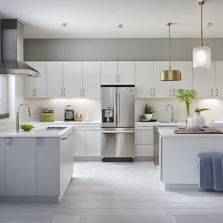 A modern kitchen with a U-shaped countertop layout, featuring a sink at the center, a gas range on one side, and a refrigerator on the other, with ample negative space and sleek, minimalist decor.