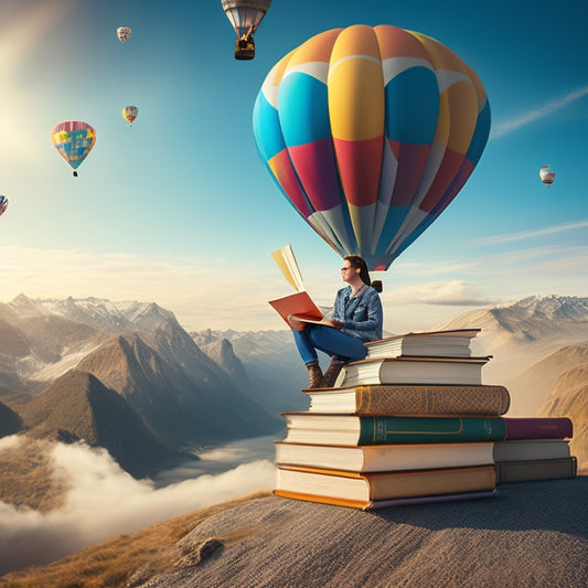 An illustration of a person sitting on a mountain of stacked books, surrounded by floating pages and fluttering bookmarks, with a hot air balloon in the background, soaring towards a sunny sky.