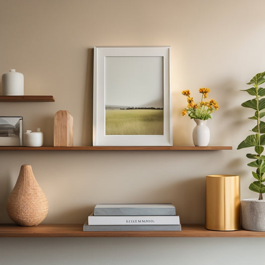 A minimalist, modern living room with a wall-mounted floating shelf system in a warm wood tone, holding decorative vases, books, and a few framed photos, against a soft, creamy background.