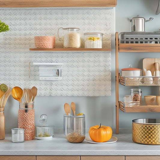 A clutter-free kitchen counter with a sleek, modern utensil organizer, a tiered spice rack, and a geometric-patterned cutting board, surrounded by neatly arranged kitchen essentials in a harmonious color scheme.
