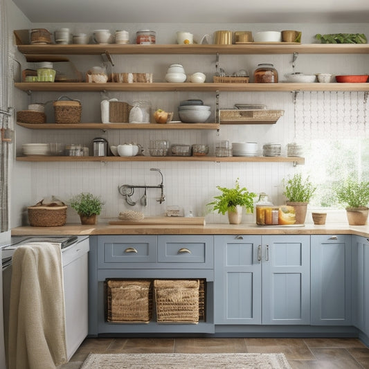 A tidy kitchen with a mix of open shelving, closed cabinetry, and decorative baskets, featuring a utensil organizer on the counter, a pull-out pantry, and a pegboard on the wall.