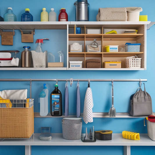 A tidy cleaning closet with a pegboard on the back wall, holding various cleaning tools and baskets, and a shelf above with labeled bins and a few cleaning product bottles.