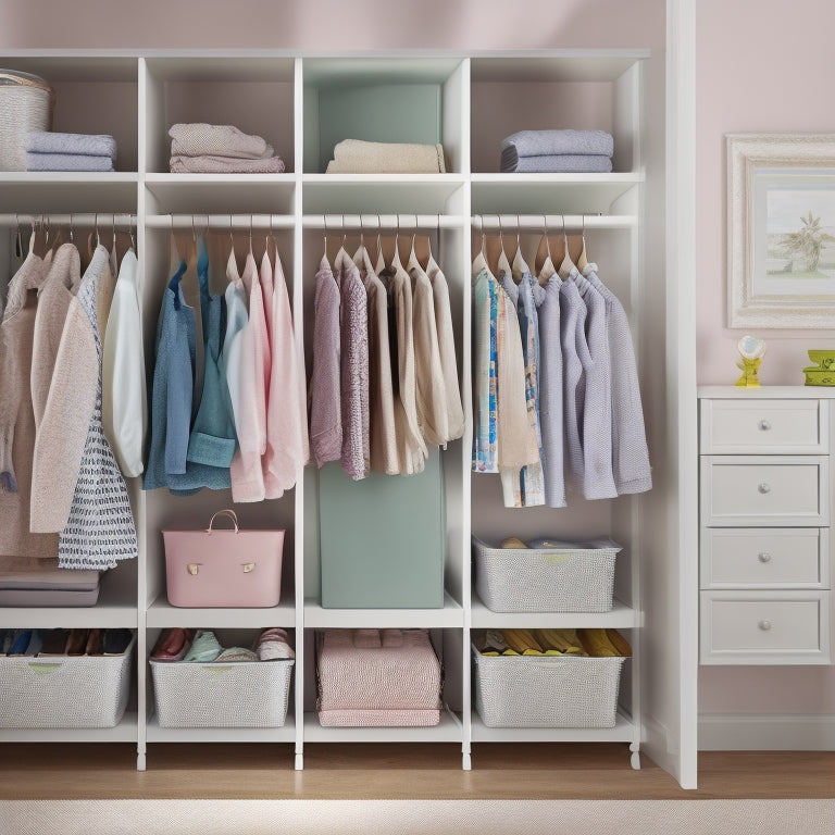 A tidy, kid-friendly closet with pastel-colored bins, a low-to-the-ground shelf with stacked books, and a clothes rack with a few outfits on hangers, surrounded by a soft, cream-colored wallpaper.