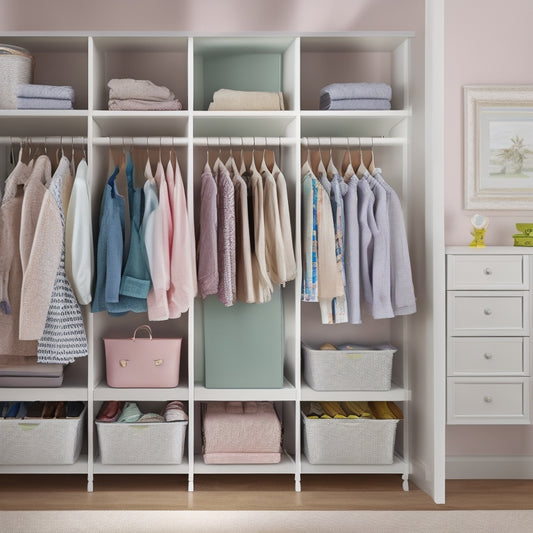 A tidy, kid-friendly closet with pastel-colored bins, a low-to-the-ground shelf with stacked books, and a clothes rack with a few outfits on hangers, surrounded by a soft, cream-colored wallpaper.