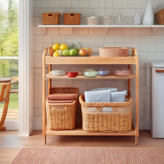 A tidy corner cart with 3-5 adjustable shelves, each holding a mix of baskets, bins, and decorative containers, surrounded by a calm, light-filled kitchen background with warm wood tones.