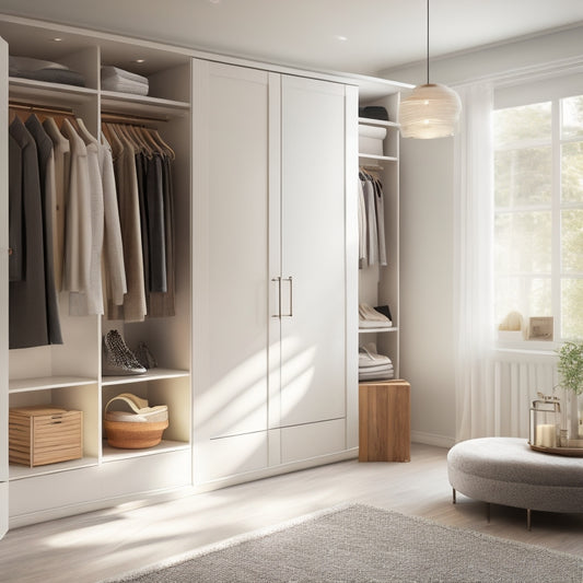 A serene, modern closet interior with sleek, white cabinets, a wooden island, and a mix of hanging rods and shelves, illuminated by soft, natural light pouring through a large window.