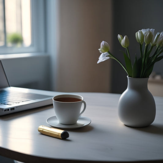 A serene, minimalist desk with a closed laptop, a single blooming flower in a small vase, and a few organized papers, surrounded by calm, blurred-out background with soft, warm lighting.