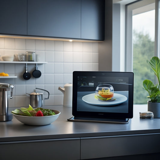 A modern kitchen with a large touchscreen display on the wall, a robot arm stirring a pot on the stovetop, and a countertop clutter-free with a single tablet and a wireless charging pad.