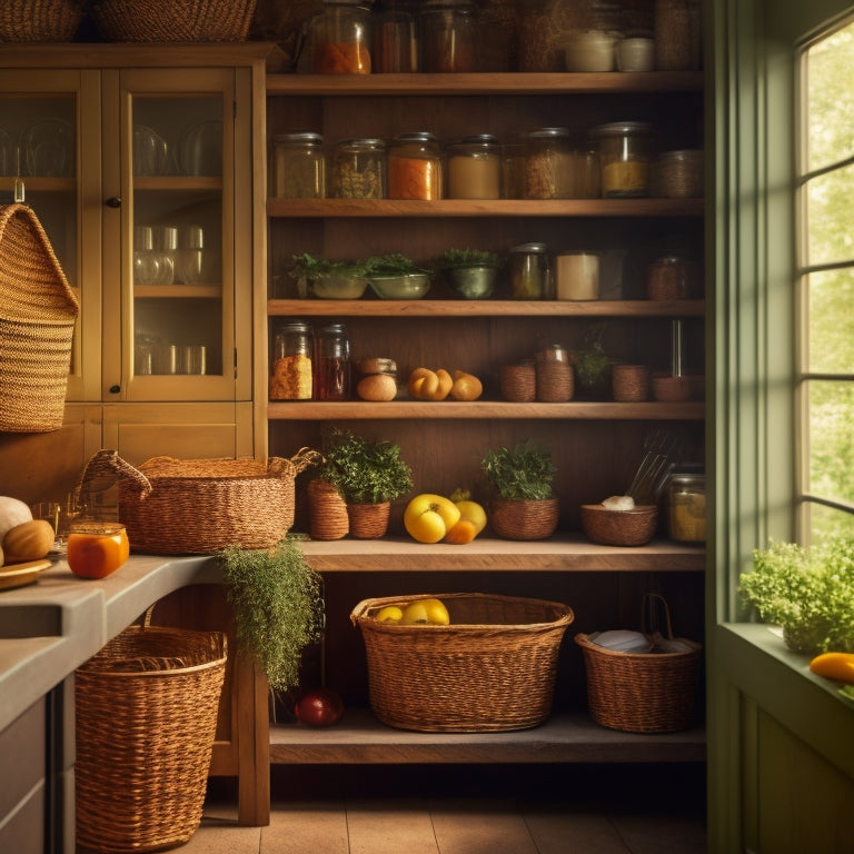 A warm, well-lit pantry with dark wood shelves, woven baskets, and clear glass jars filled with gourmet food items, surrounded by lush greenery and a few decorative vintage kitchen utensils.