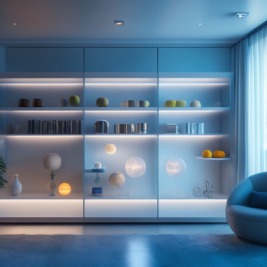 A futuristic, sleek, and minimalist home interior with modular, glowing storage units that seem to float on walls, alongside a series of interconnected, transparent shelves and levitating orbs.