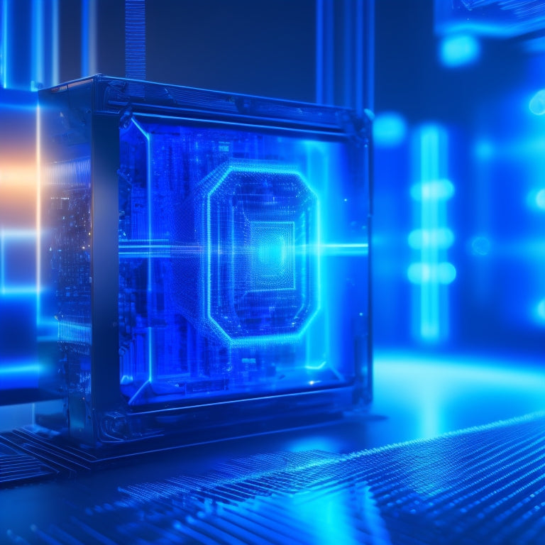 A futuristic, high-tech background with interconnected gears, circuits, and microchips, surrounded by glowing blue lines and sparks, with a large, transparent cube in the center, radiating light.