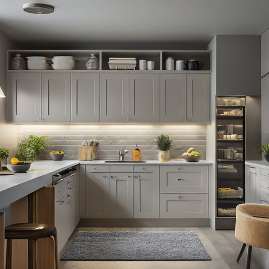 A modern kitchen with sleek, handle-less cabinets, showcasing a clutter-free interior with pull-out drawers, adjustable shelves, and a utensil organizer, illuminated by soft, warm lighting.