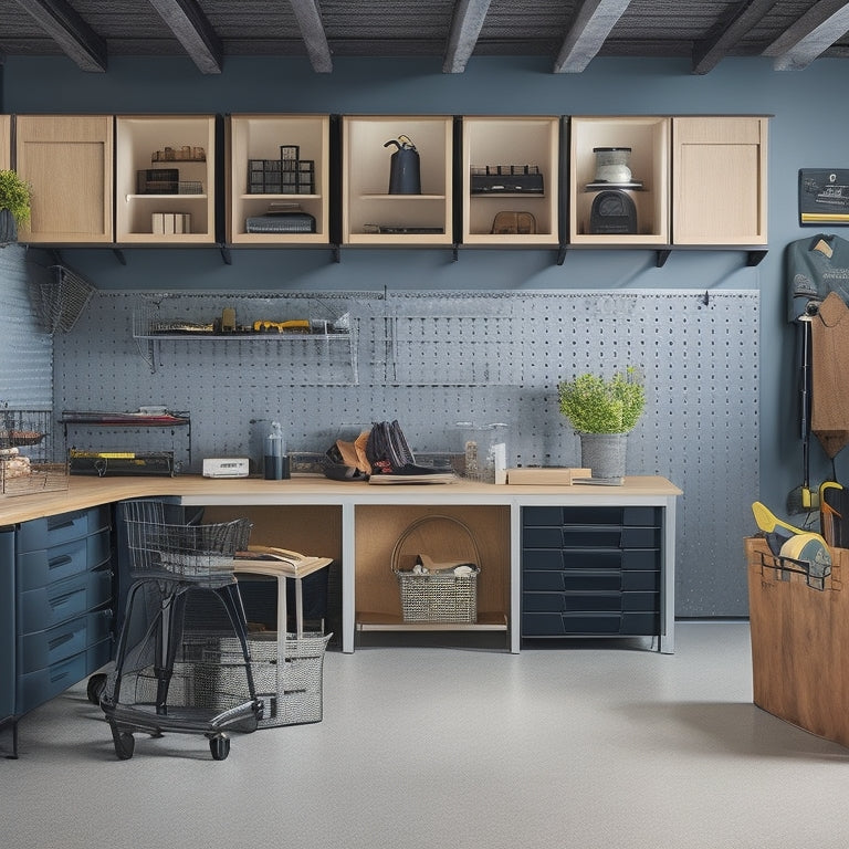 A clutter-free garage with a slatted wall system, baskets, and bins, alongside a compact workstation with a foldable table and a pegboard with hanging tools, all in a sleek, modern aesthetic.