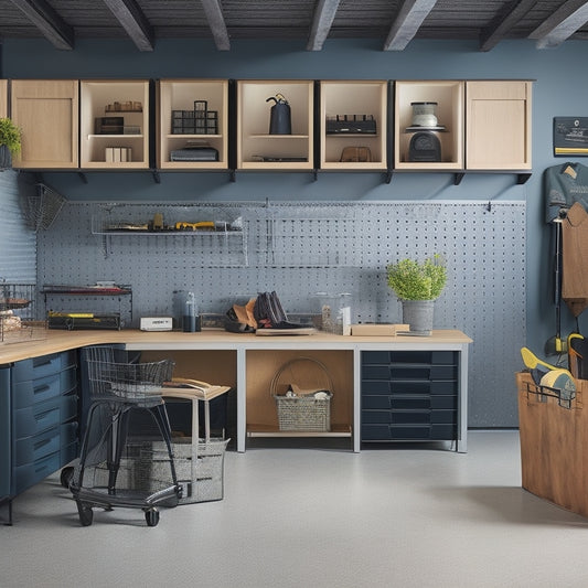 A clutter-free garage with a slatted wall system, baskets, and bins, alongside a compact workstation with a foldable table and a pegboard with hanging tools, all in a sleek, modern aesthetic.