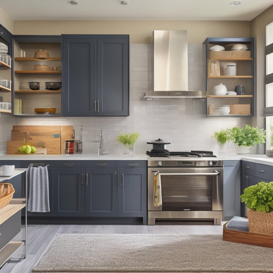A sleek, modern kitchen with stainless steel appliances, white cabinets, and dark hardwood floors, featuring an overhead storage rack holding cookbooks, infrequently used kitchen gadgets, and decorative ceramic vases.