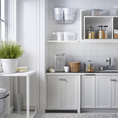 A tidy kitchen corner with a sleek, wall-mounted shelf holding a trio of transparent storage bins, a compact trash can, and a few neatly coiled cleaning tools, set against a crisp white background.