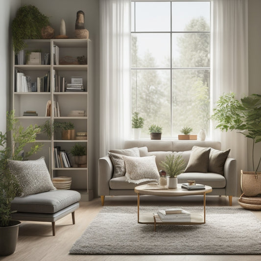 A serene, minimalist living room with a few, carefully selected decorative items, a tidy bookshelf, and a stylish storage ottoman, surrounded by plenty of natural light and lush greenery.