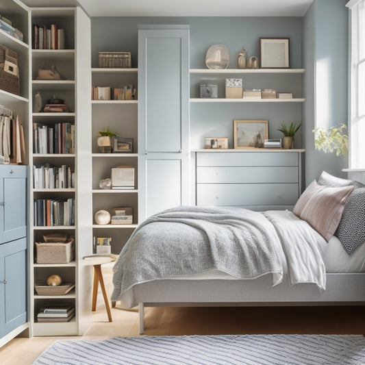 A clutter-free small bedroom with a storage bed, a floor-to-ceiling bookshelf built into the wall, a hanging organizer behind the door, and a compact nightstand with built-in drawers.