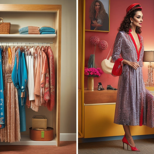 A split-screen image featuring a glamorous, spot-lit woman browsing through a sleek, modern closet on one side, and a trendy, eclectic thrift store rack on the other, with hangers and clothes clashing in a fun, whimsical manner.