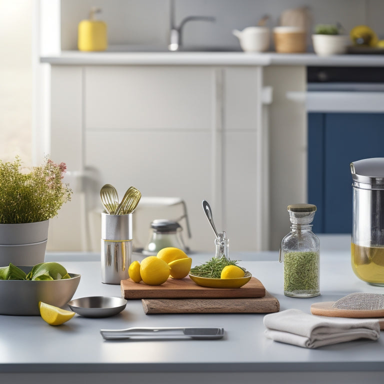 A tidy kitchen counter with a few strategically placed canisters, a small utensil holder, and a sleek kitchen scale, surrounded by a sparse scattering of fresh herbs and a single, ripe lemon.