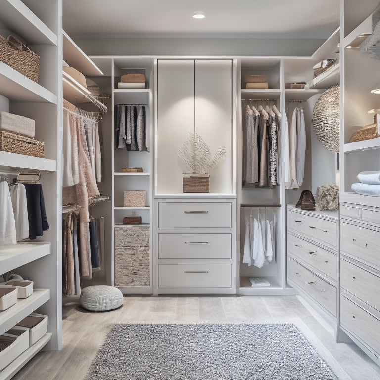 A serene, modern walk-in closet with custom-built shelves, drawers, and hanging rods, featuring a neutral color palette, soft lighting, and a few stylishly arranged clothing items and accessories.