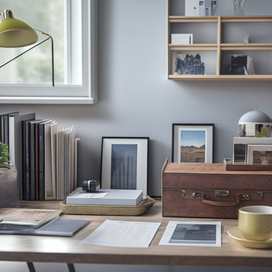 A clutter-free desk with a tidy file organizer, a few neatly labeled folders, a small shelf with a few warranty manuals, and a minimalist calendar in the background.