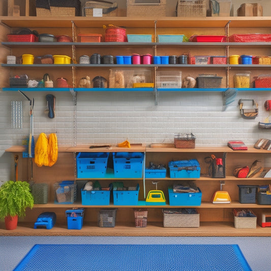 A clutter-free garage with a pegboard adorned with hanging tools, a shelving unit with labeled bins, and a slatwall with baskets, showcasing organized storage solutions in a bright, well-lit space.